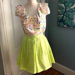 2 💛💚 NEW Rebecca Minkoff Neon Yellow & Taupe Silk Striped Pleated Skirt